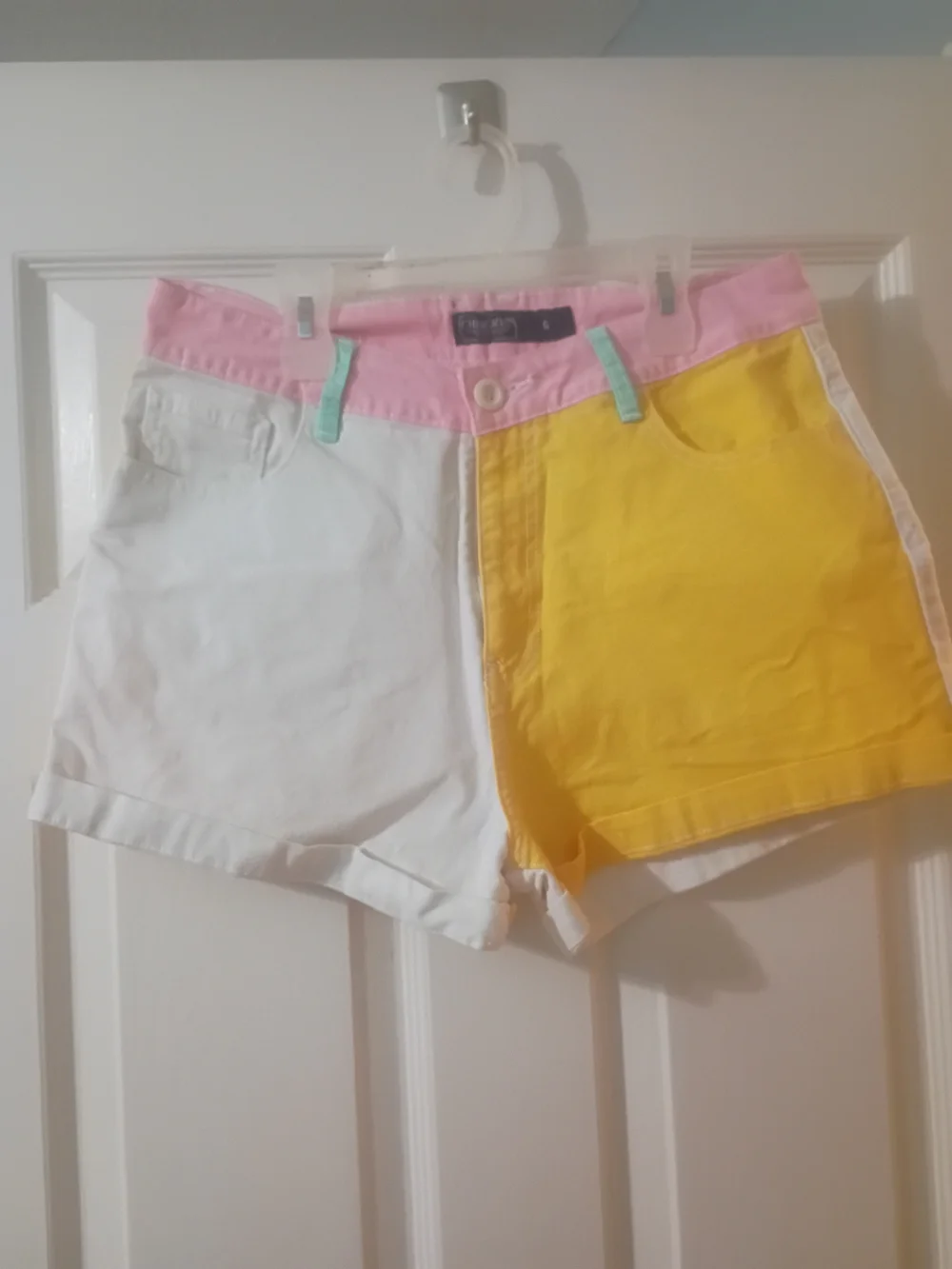 Cherokee Colorblock High-Waist Shorts in White, Yellow & Pink